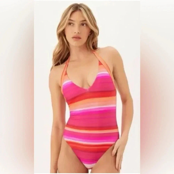 TRINA TURK Pink Orange Solstice Stripe Plunge Halter One Piece Swimsuit Size 14 - Picture 8 of 15